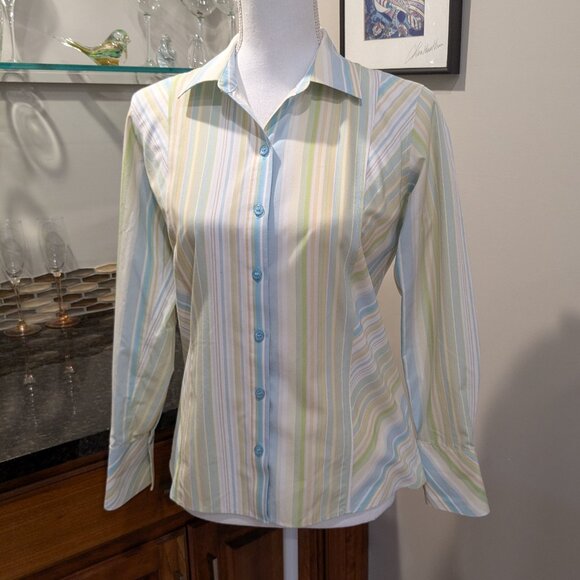 Liz Claiborne Petite 8 No Iron Long Sleeve Button Up Dress Shirt Pastel Stripes - Picture 1 of 5
